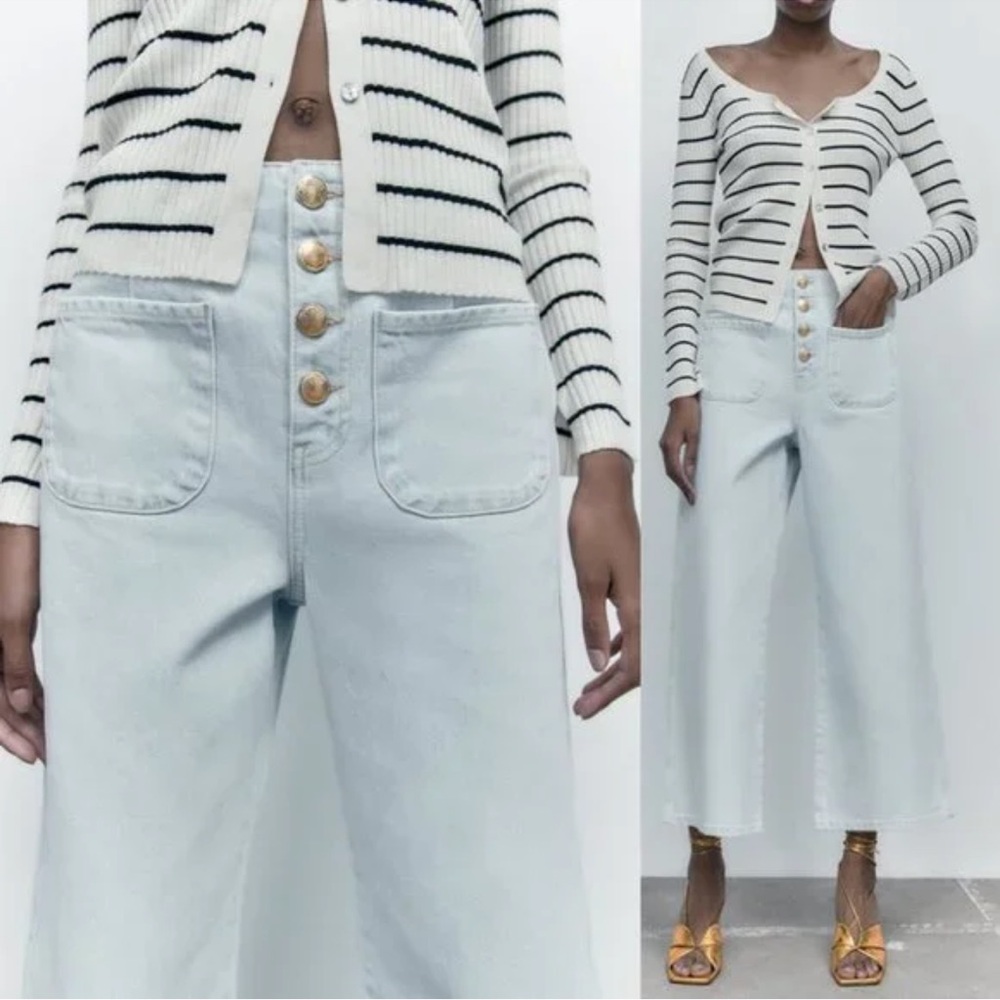 Zara Blue Flare Wide Leg  Cropped Jeans
